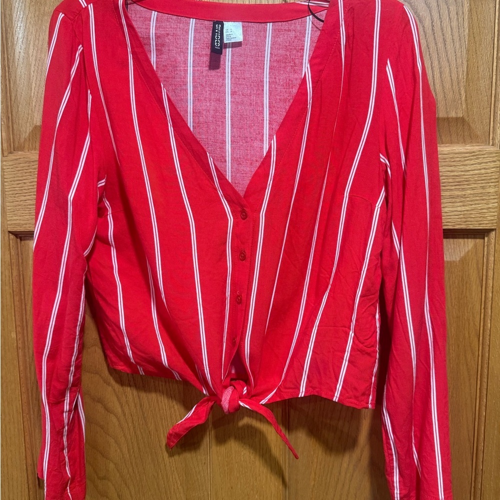 H&M Red and White Striped Button-Down Shirt